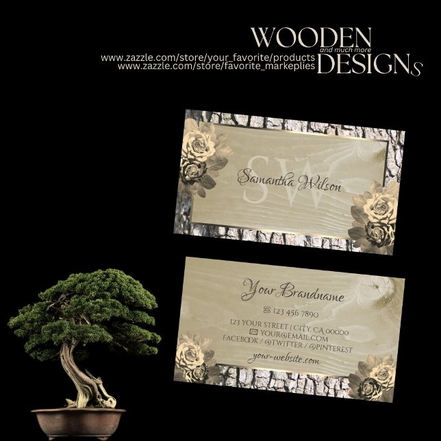 Floral Cream Roses Wood Grain Tree Bark Monogram  Business Card (Creator Uploaded)