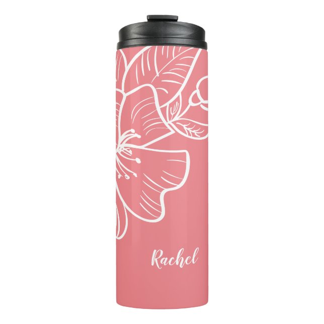 Floral Create Your Own Name Botanical Coral Drink Thermal Tumbler (Front)