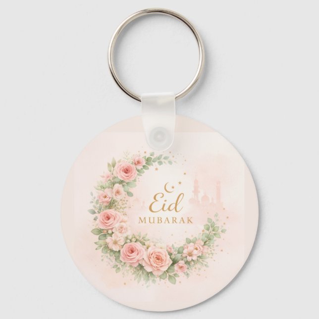 Floral Crescent Eid Mubarak Keychain– Soft Pink & Key Ring (Front)