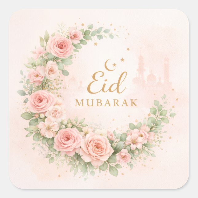 Floral Crescent Eid Mubarak Stickers– Soft Pink & Square Sticker (Front)