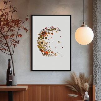 Floral Crescent Moon l Pressed Flower Artwork Poster