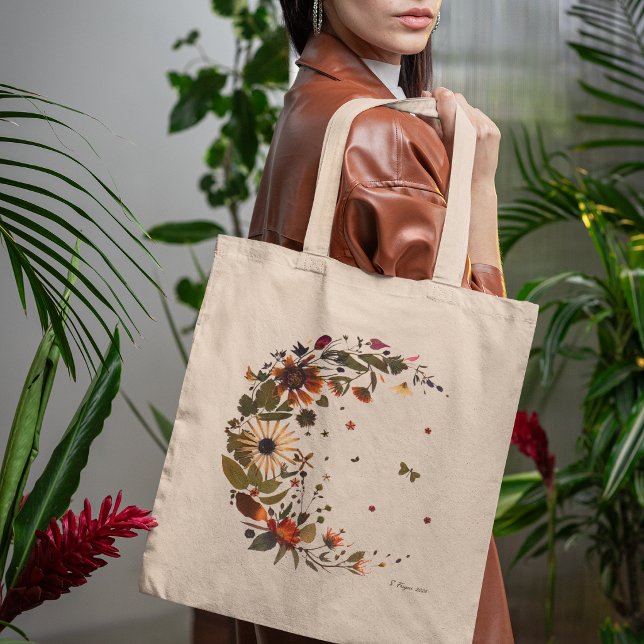 Floral Crescent Moon l Pressed Flower Artwork Tote Bag (Creator Uploaded)