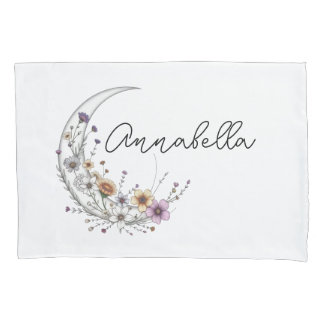 Floral Crescent Moon Personalised Celestial Art Pillowcase