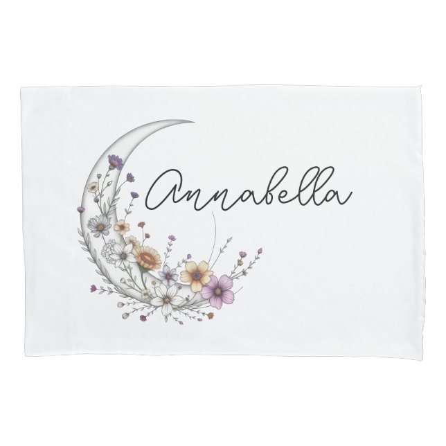 Floral Crescent Moon Personalised Celestial Art Pillowcase (Front)