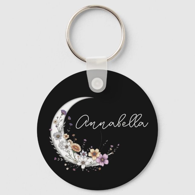 Floral Crescent Moon Personalised Name on Black Key Ring (Front)