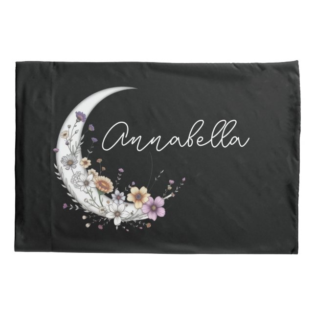 Floral Crescent Moon Personalised Name on Black Pillowcase (Back)