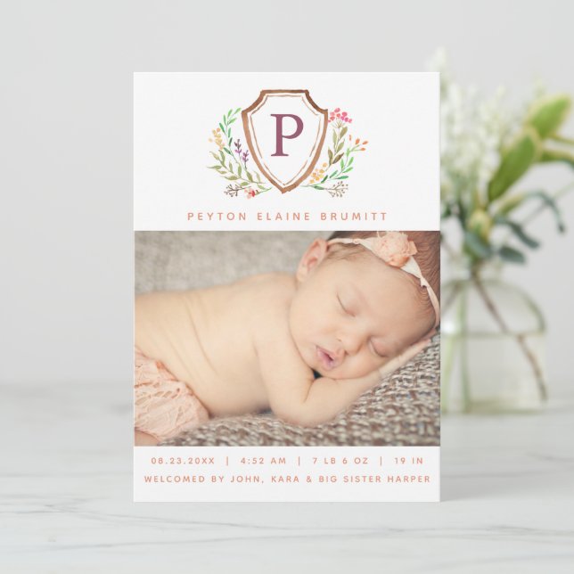Floral Crest Baby Girl Birth Announcement (Standing Front)
