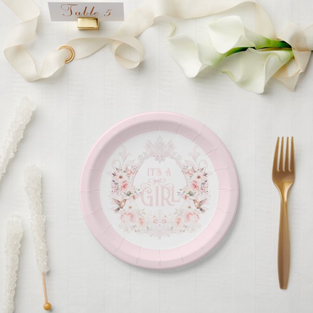 Floral Crest Blush Pink It's a Girl Baby Shower Paper Plate (Wedding)