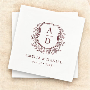 Floral Crest Burgundy Wedding Monogram Napkin