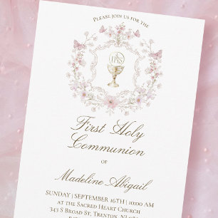 floral crest First Holy Communion girl  Invitation