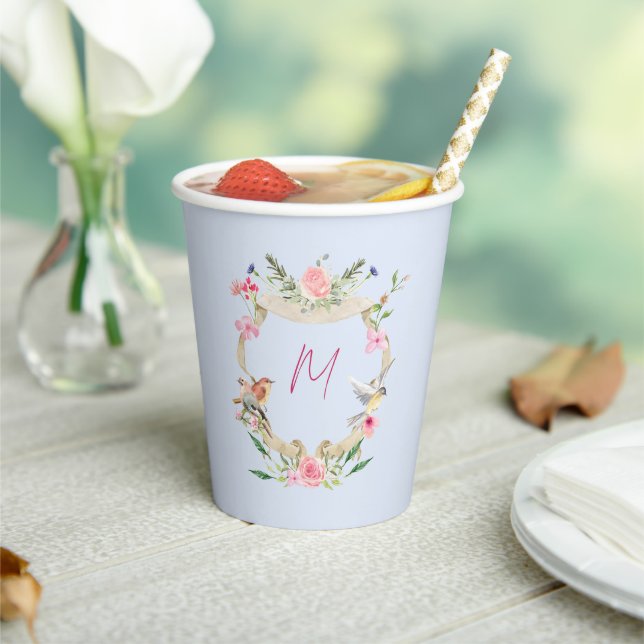Floral Crest Monogram Blue Baby Shower Paper Cups (Insitu)