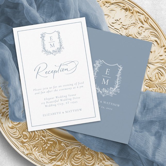 Floral Crest Monogram Dusty Blue Wedding Reception Enclosure Card (Creator Uploaded)