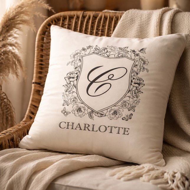 Floral Crest Monogram Elegant Name Throw Pillow (Creator Uploaded)