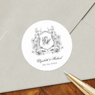 Floral Crest Monogram Elegant Wedding Classic Round Sticker
