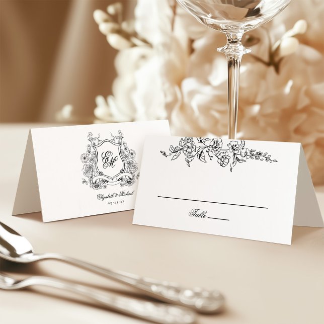 Floral Crest Monogram Elegant Wedding Place Card (Creator Uploaded)