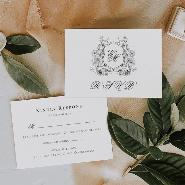 Floral Crest Monogram Elegant Wedding RSVP Card (Creator Uploaded)