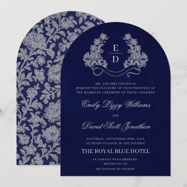 Floral Crest Monogram Navy Heritage Wedding Invitation (Front/Back)
