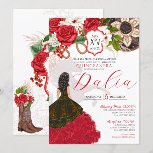 Floral Crest Red Rose Charro Quinceañera Invitation