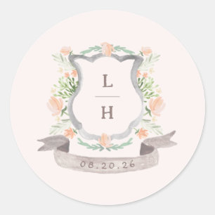 Floral Crest Watercolor Monogram Wedding Classic Round Sticker