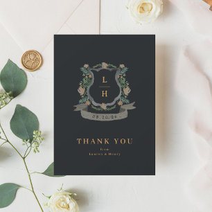 Floral Crest Watercolor Monogram Wedding Flat Thank You Card