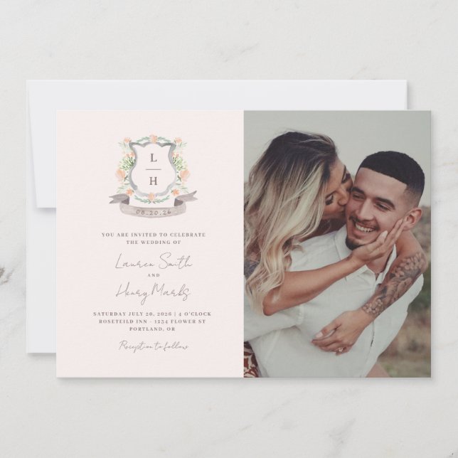 Floral Crest Watercolor Monogram Wedding Invitation (Front)