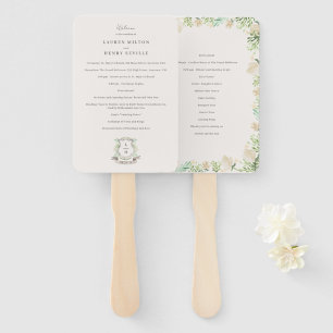 Floral Crest Watercolor Monogram Wedding Program Hand Fan