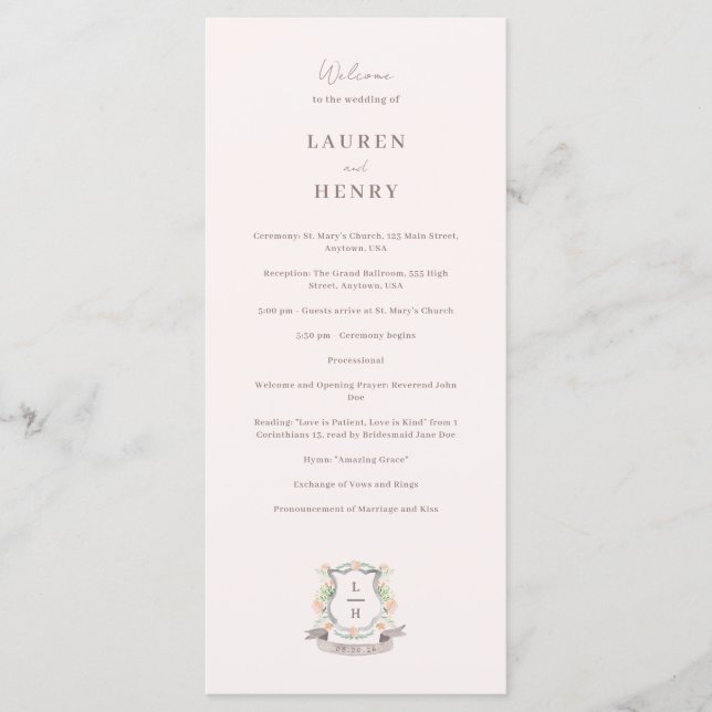 Floral Crest Watercolor Monogram Wedding Programme (Front)