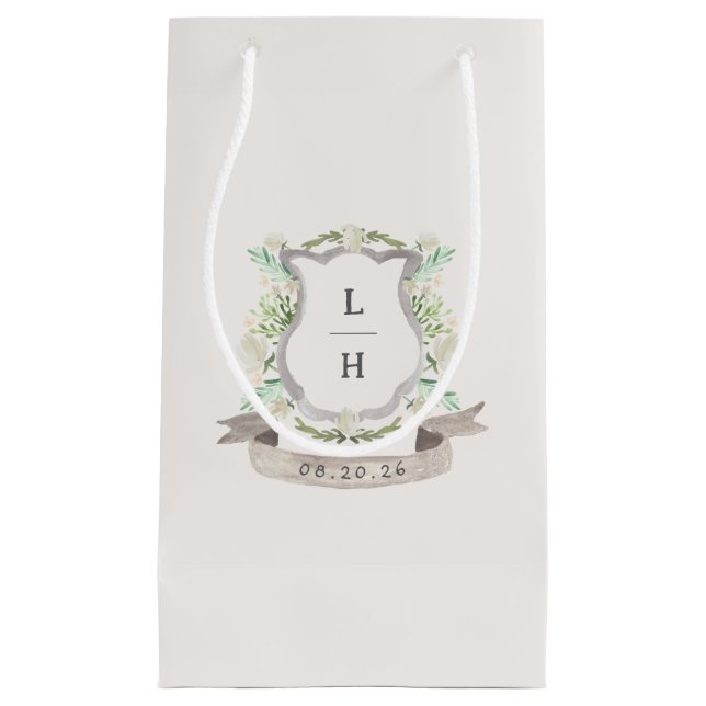 Floral Crest Watercolor Monogram Wedding Small Gift Bag (Front)