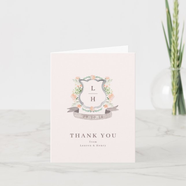Floral Crest Watercolor Monogram Wedding Thank You Card (Front)