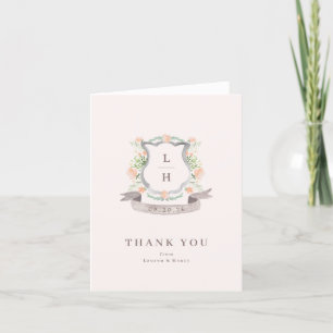 Floral Crest Watercolor Monogram Wedding Thank You Card