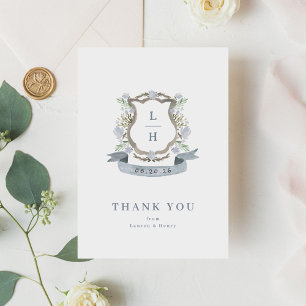 Floral Crest Watercolor Monogram Wedding Thank You Card