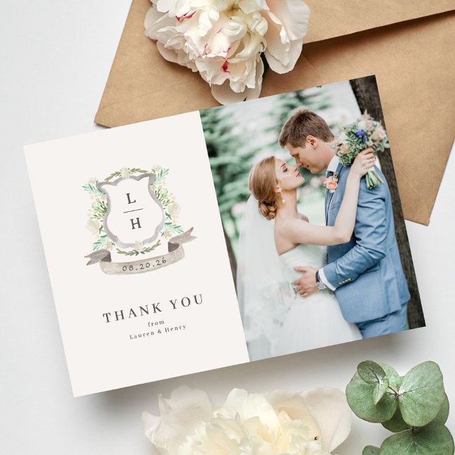 Floral Crest Watercolor Monogram Wedding Thank You Card (Creator Uploaded)