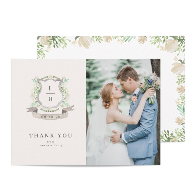 Floral Crest Watercolor Monogram Wedding Thank You Card (Creator Uploaded)