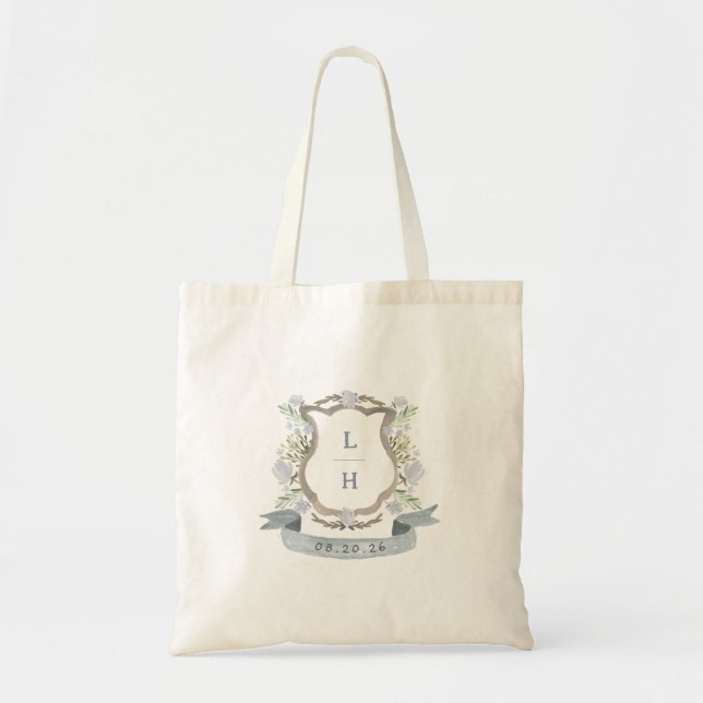 Floral Crest Watercolor Monogram Wedding Tote Bag (Front)