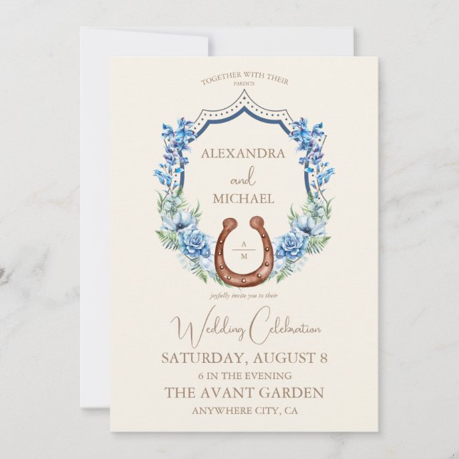 Floral Crest Western Horseshoe Monogram Wedding Invitation (Front)