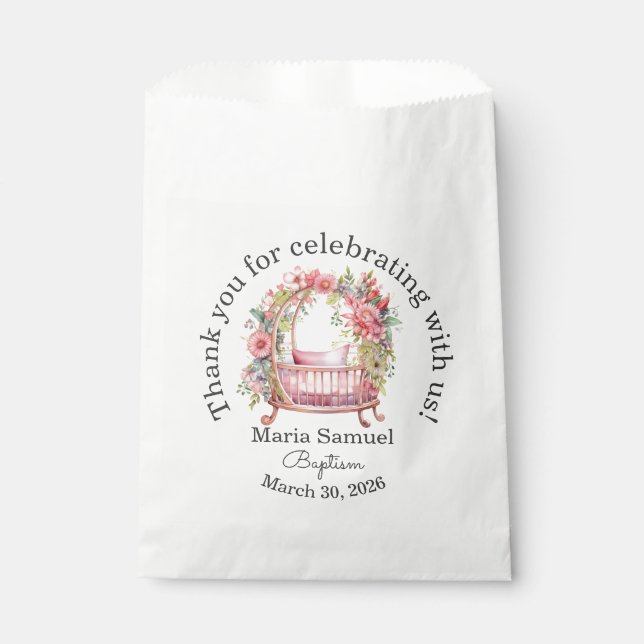 Floral Crib Baby Girl Sticker Pink Favour Bags (Front)