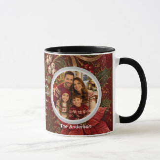 Floral Crimson Family Photo Message Christmas Mug