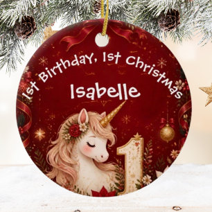 Floral Crimson Unicorn 1st Birthday Christmas Ceramic Tree Decoration