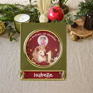 Floral Crimson Unicorn 1st Birthday Christmas Gold Plated Banner Ornament