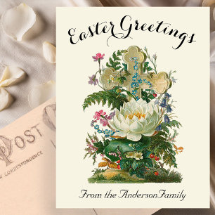 Floral Cross and Ferns Vintage Easter Religious Postcard