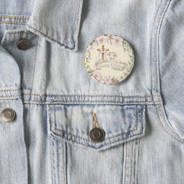 Floral Cross and Lamb | Happy Easter 6 Cm Round Badge (In Situ)
