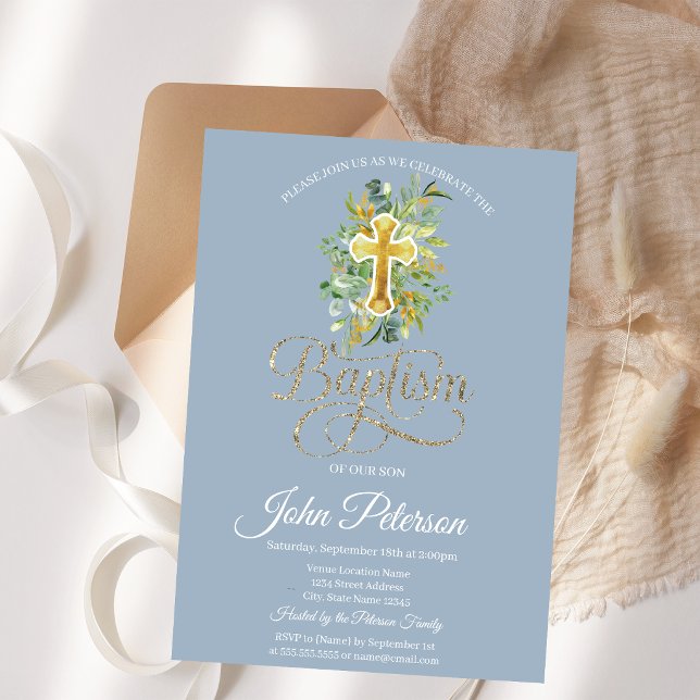 Floral Cross Baptism Dusty Blue Invitation (Creator Uploaded)