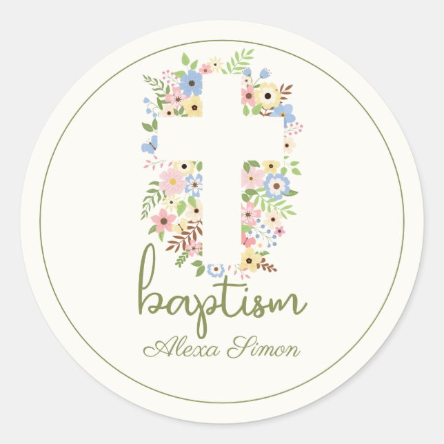 Floral Cross Baptism – Soft Pastel Classic Round Sticker (Front)