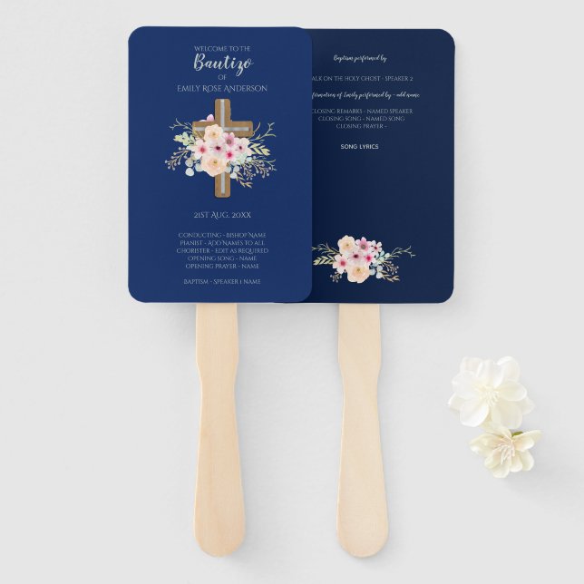 Floral Cross BAUTIZO Bautismo Baptism Program Hand Fan (Front and Back)