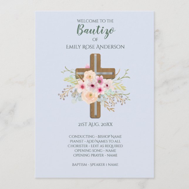 Floral Cross BAUTIZO Bautismo Baptism Program Programme (Front)