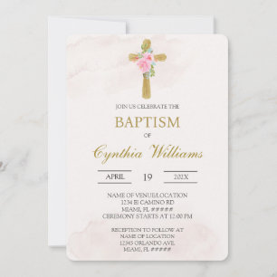 Floral cross beige baptism invitation