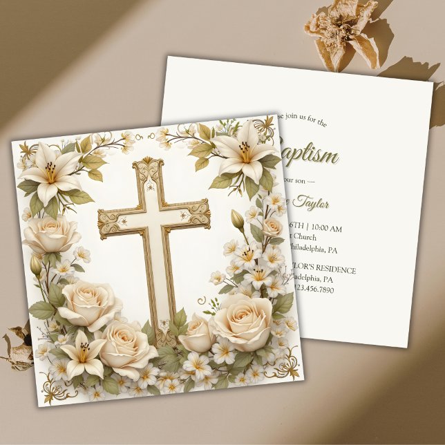 Floral Cross Catholic Baptism Christening Invitation (Floral Cross Catholic Baptism Christening Invitation)