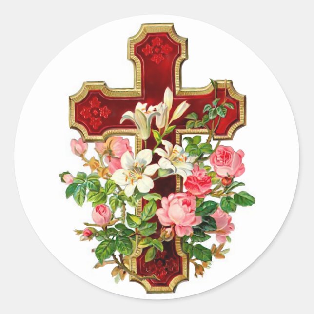 Floral Cross Classic Round Sticker (Front)