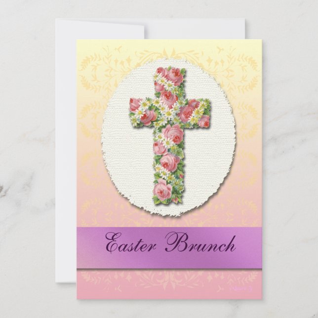 Floral Cross Easter Brunch Custom Invitations (Front)