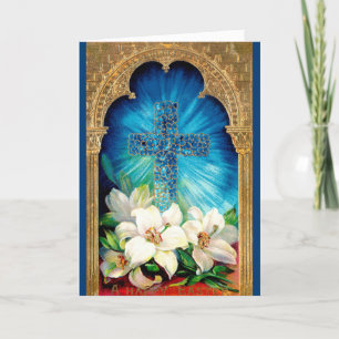 Floral Cross Easter Card Blue & Gold